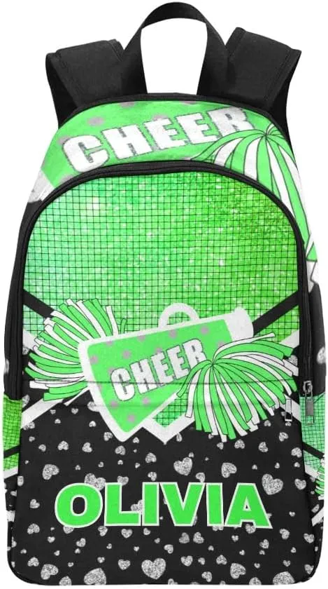 Personalized Cheer Cheerleader Green Print Backpack with Name Custom Travel Daypack Bag for Man Woman Gifts