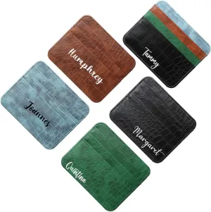 Personalized Credit Card Holder, Custom Name Initials Monogram Minimalist Slim Wallet, Luxury Crocodile Pattern Leather Small Thin Front Pocket Wallet, Gift for Birthday Christmas Thanksgiving, Black