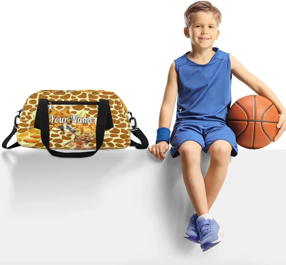 Personalized Kids Duffel Bag Animal Giraffe Print,Custom Sport Gym Bag for Boys Girls,WWeekender Overnight Bags Travel Duffel Bag,Customized Kids Gift