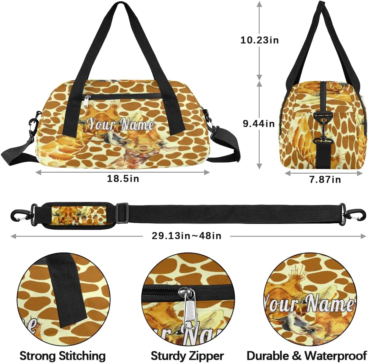 Personalized Kids Duffel Bag Animal Giraffe Print,Custom Sport Gym Bag for Boys Girls,WWeekender Overnight Bags Travel Duffel Bag,Customized Kids Gift