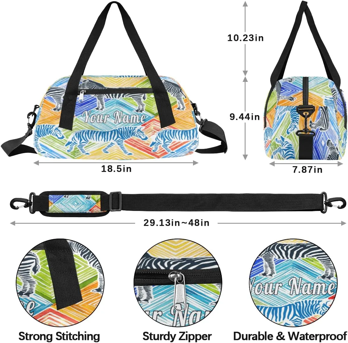 Personalized Kids Duffel Bag Colorful Animal Zebra Print,Custom Sport Gym Bag for Boys Girls,WWeekender Overnight Bags Travel Duffel Bag,Customized Kids Gift