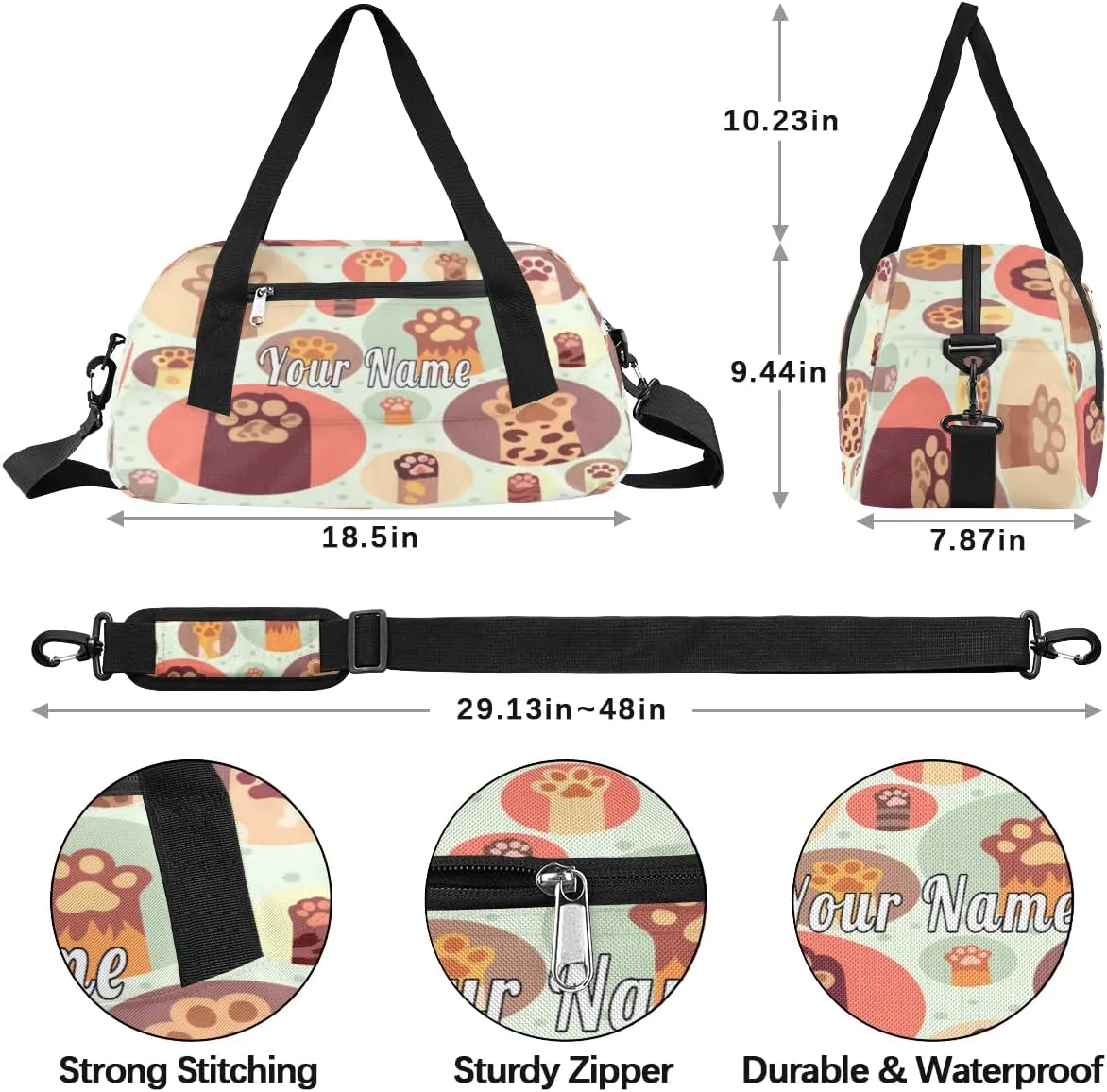 Personalized Kids Duffel Bag Cute Cat Paw Print Pattern,Custom Sport Gym Bag for Boys Girls,WWeekender Overnight Bags Travel Duffel Bag,Customized Kids Gift