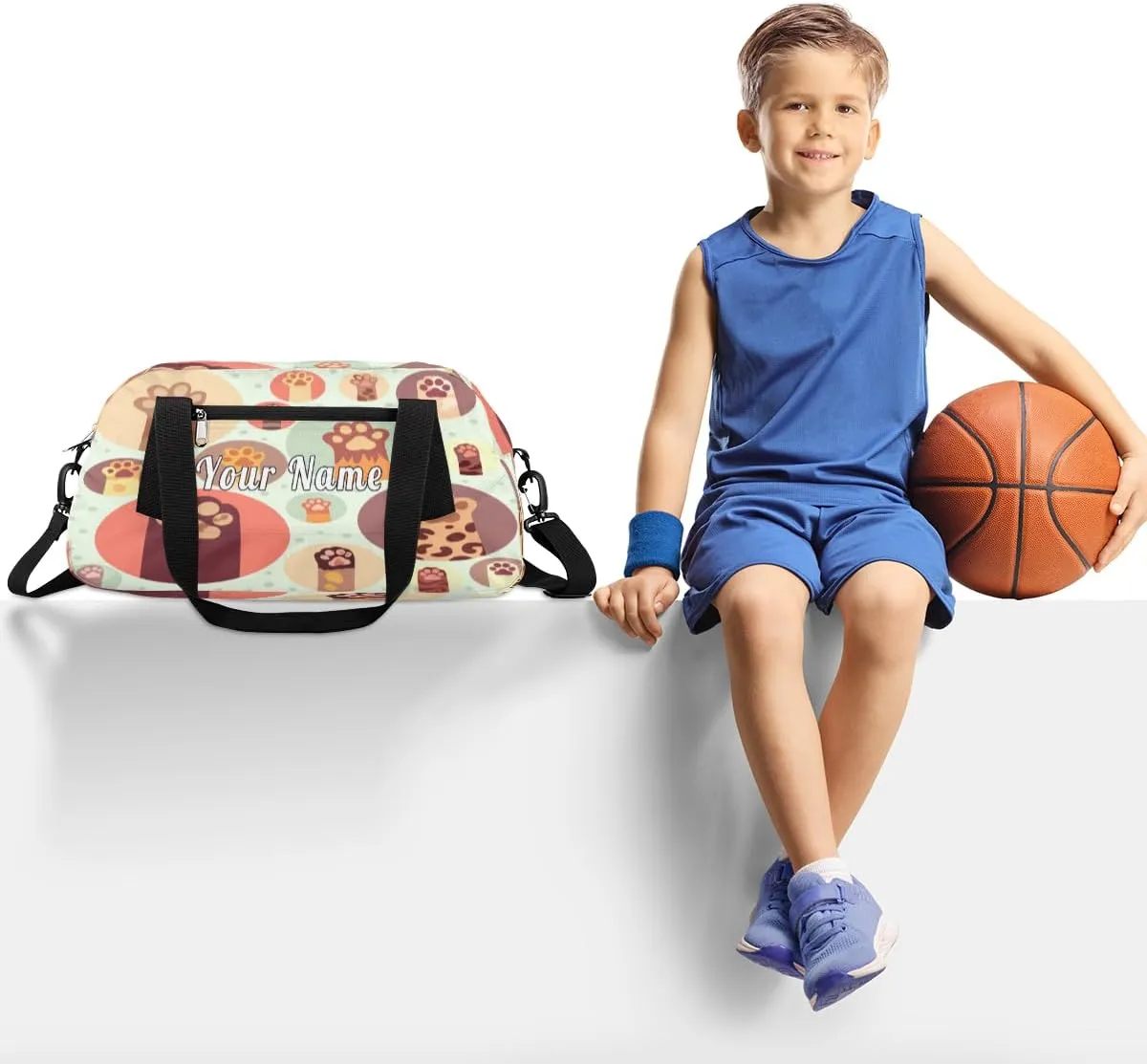 Personalized Kids Duffel Bag Cute Cat Paw Print Pattern,Custom Sport Gym Bag for Boys Girls,WWeekender Overnight Bags Travel Duffel Bag,Customized Kids Gift