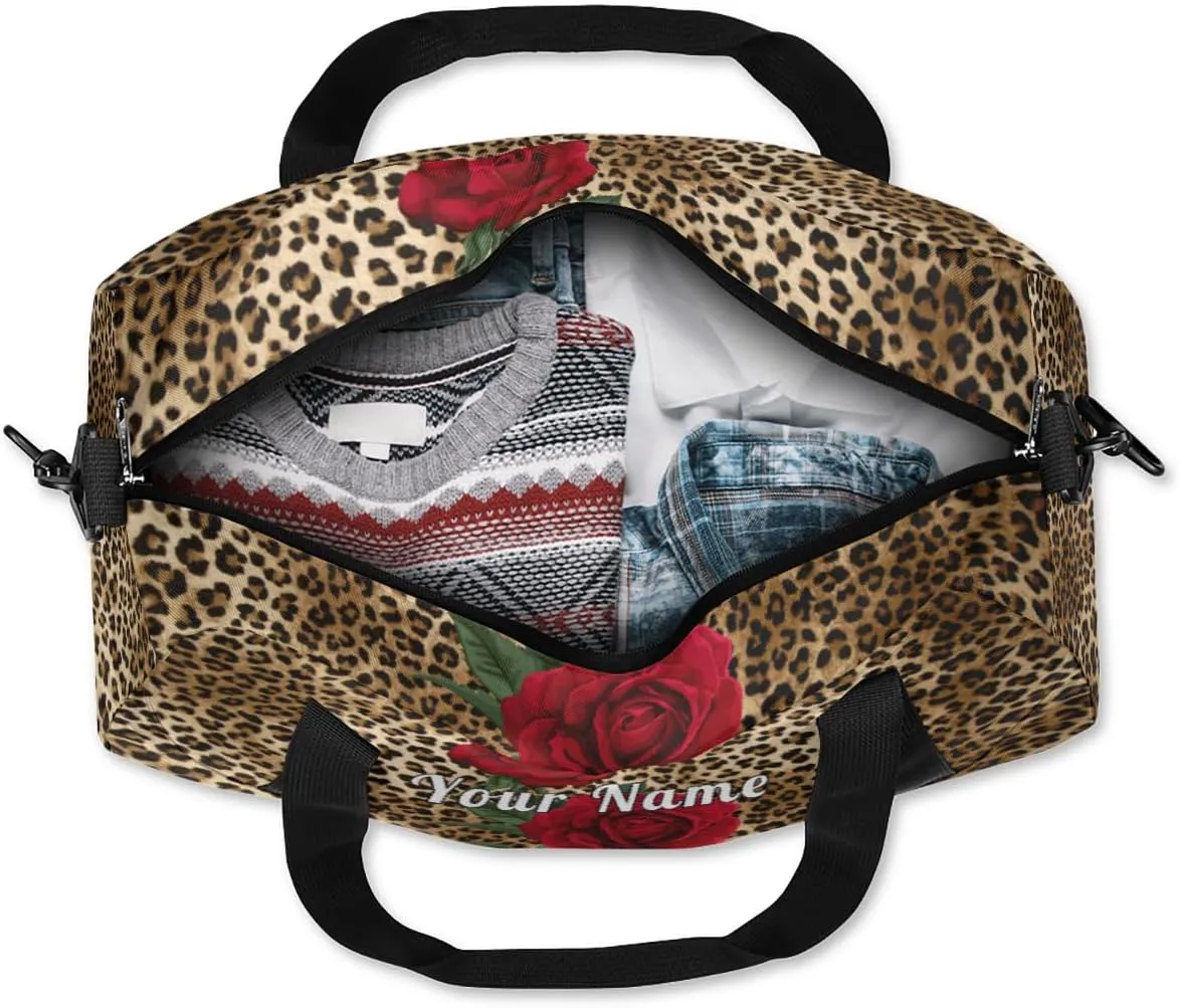 Personalized Kids Duffel Bag Vintage Leopard Print Flower,Custom Sport Gym Bag for Boys Girls,WWeekender Overnight Bags Travel Duffel Bag,Customized Kids Gift
