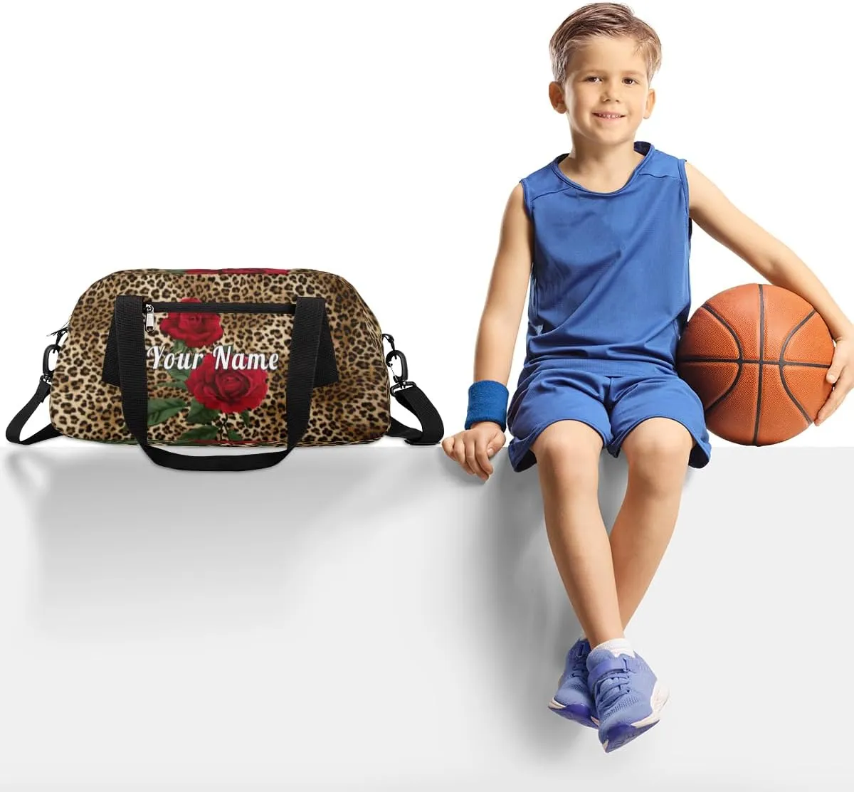 Personalized Kids Duffel Bag Vintage Leopard Print Flower,Custom Sport Gym Bag for Boys Girls,WWeekender Overnight Bags Travel Duffel Bag,Customized Kids Gift