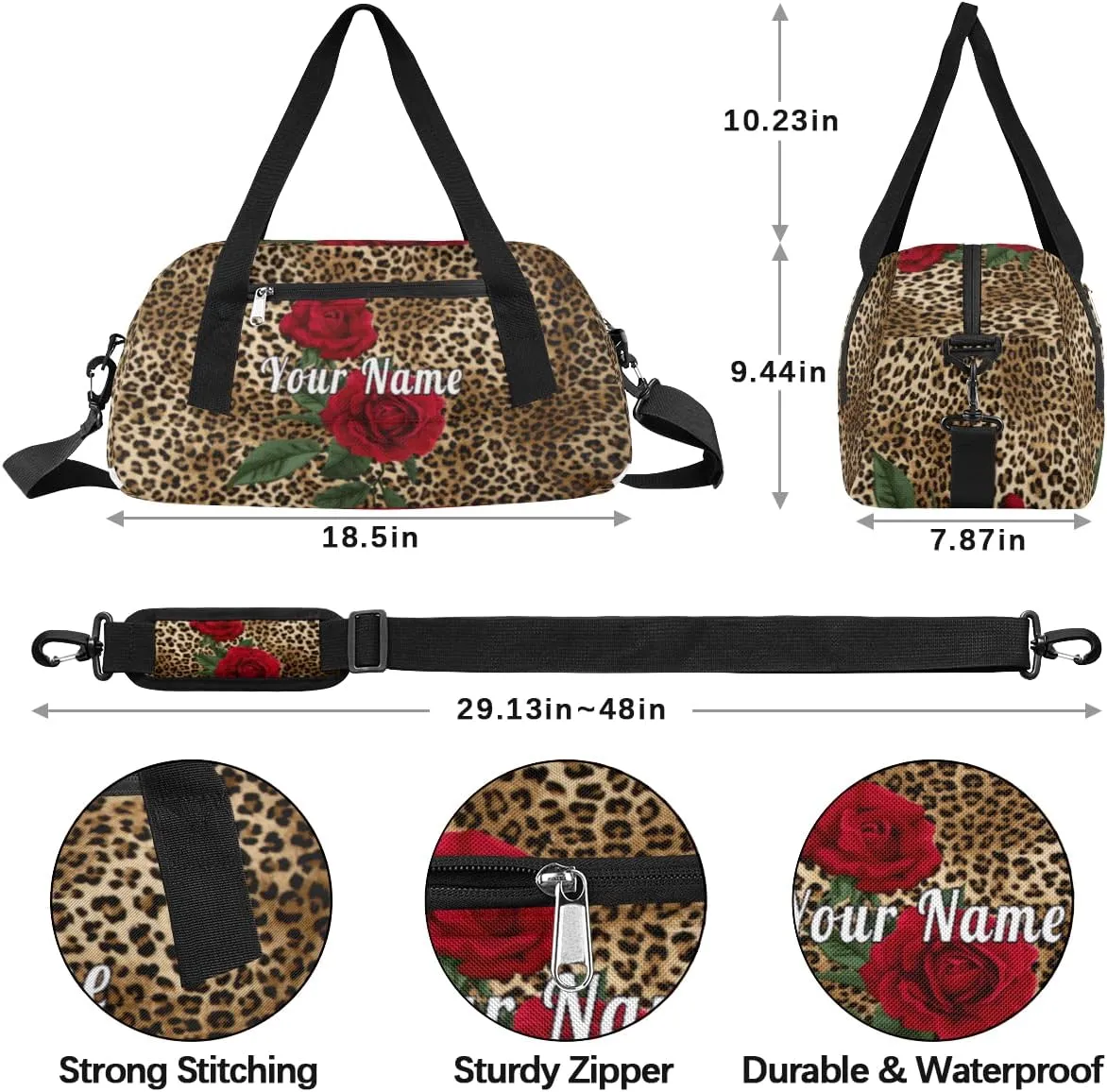 Personalized Kids Duffel Bag Vintage Leopard Print Flower,Custom Sport Gym Bag for Boys Girls,WWeekender Overnight Bags Travel Duffel Bag,Customized Kids Gift
