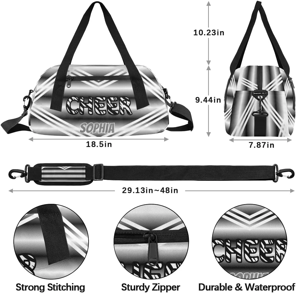 Personalized Kids Duffel Bag,Custom Sport Gym Bag for Girls,Weekender Overnight Bags Travel Duffel Bag,Customized Kids Gift Zebra Print Black White Cheer