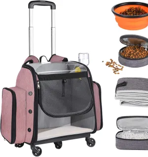 Pet Travel Carrier with Wheels, Pet Rolling Carrier Backpack for Dogs and Cats, Cat Luggage Bag, Includes 1 Cat Food Travel Box, 1 Cat Litter Box, 1 Water Bottle, 2 Collapsible Travel Dog Bowls
