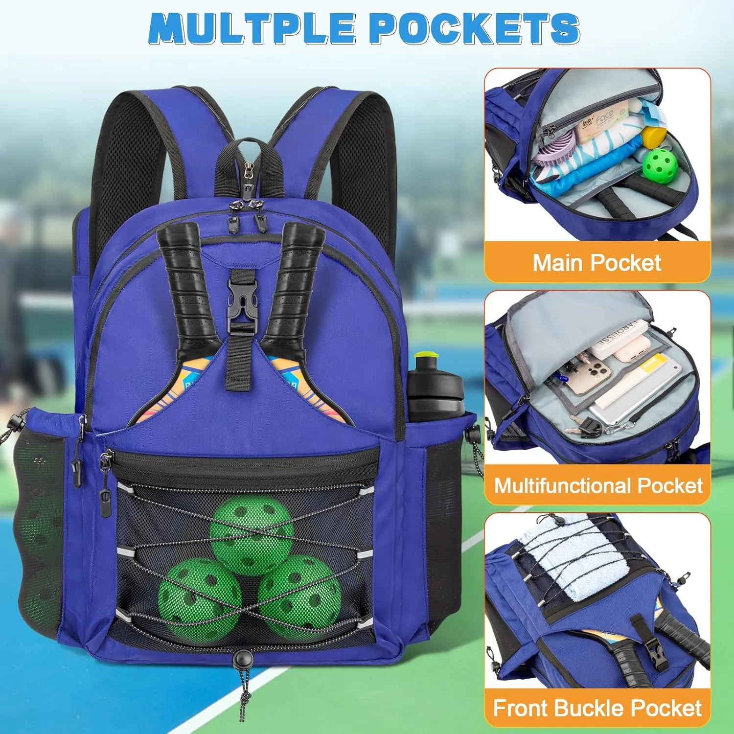 Pickleball Bag, Pickleball Backpack for Men Women, Large Capacity Sports Pickleball Paddle Bag, Adjustable Crossbody Sling Bag Pickle Ball Bag with Fence Hook Water Bottle Holder