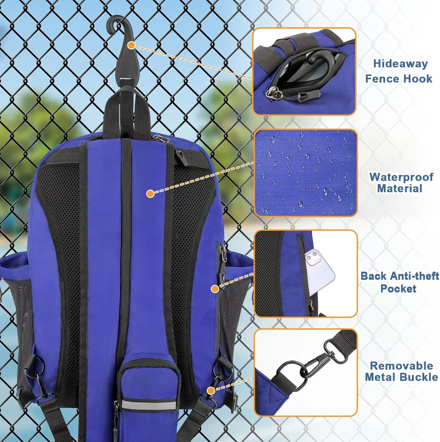 Pickleball Bag, Pickleball Backpack for Men Women, Large Capacity Sports Pickleball Paddle Bag, Adjustable Crossbody Sling Bag Pickle Ball Bag with Fence Hook Water Bottle Holder