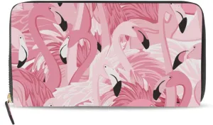 Pink Flamingo Heads Seamless Pattern Leather Long Wallet Organizer with Zipper Purse Clutch Bag for Women Men Key Card Coin Passport Checkbook 8 x 4 inch