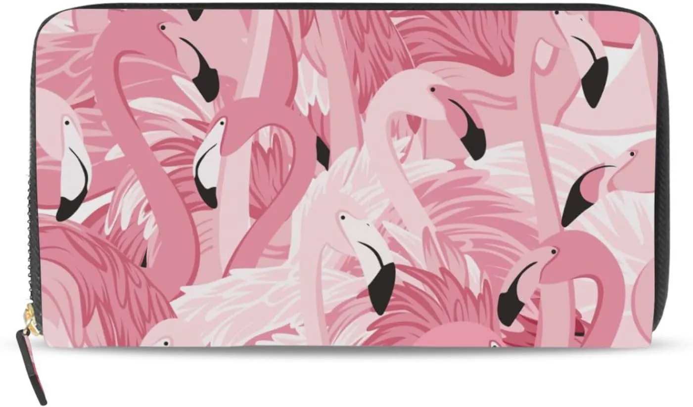Pink Flamingo Heads Seamless Pattern Leather Long Wallet Organizer with Zipper Purse Clutch Bag for Women Men Key Card Coin Passport Checkbook 8 x 4 inch