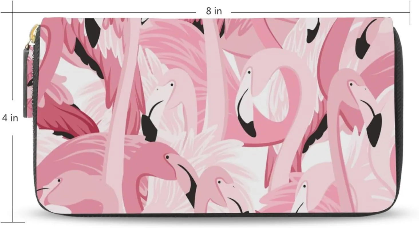 Pink Flamingo Heads Seamless Pattern Leather Long Wallet Organizer with Zipper Purse Clutch Bag for Women Men Key Card Coin Passport Checkbook 8 x 4 inch