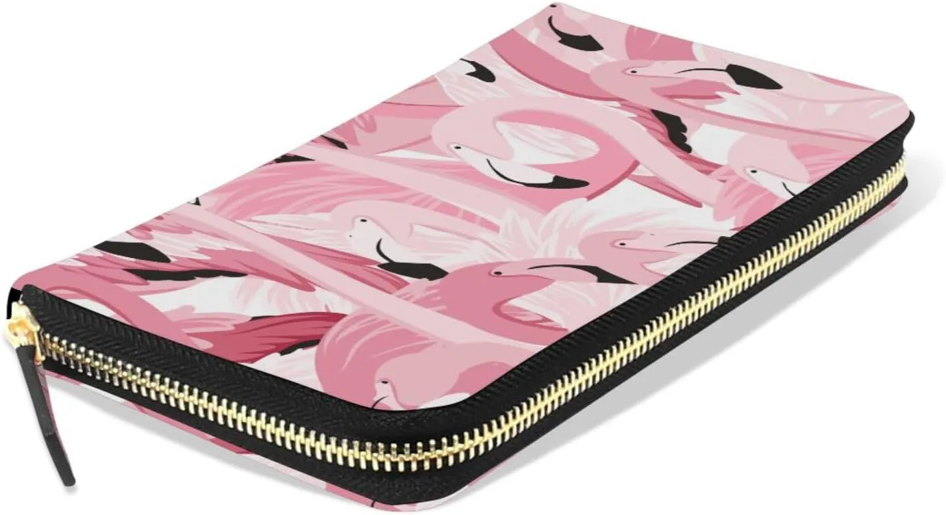 Pink Flamingo Heads Seamless Pattern Leather Long Wallet Organizer with Zipper Purse Clutch Bag for Women Men Key Card Coin Passport Checkbook 8 x 4 inch