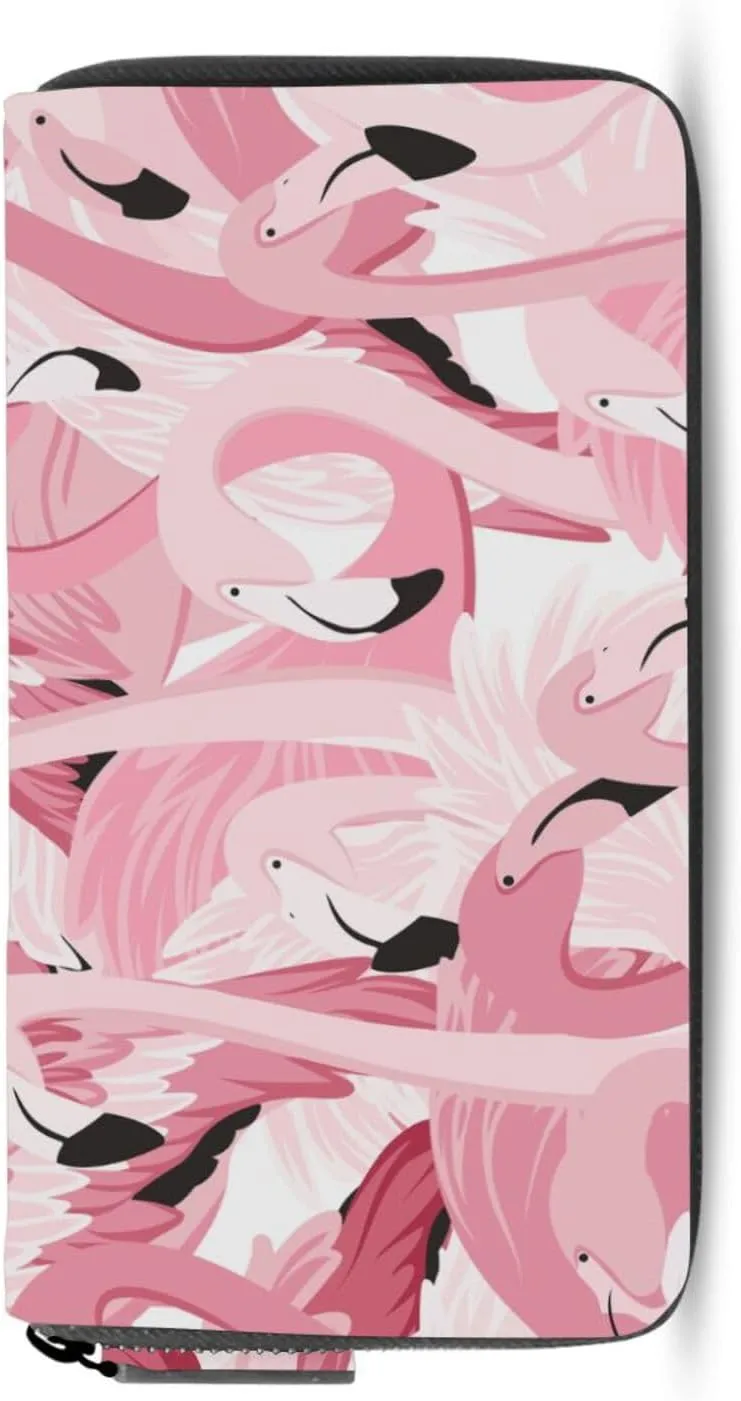 Pink Flamingo Heads Seamless Pattern Leather Long Wallet Organizer with Zipper Purse Clutch Bag for Women Men Key Card Coin Passport Checkbook 8 x 4 inch