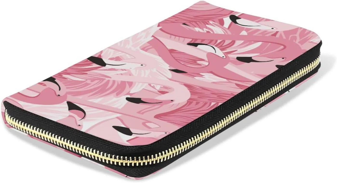 Pink Flamingo Heads Seamless Pattern Leather Long Wallet Organizer with Zipper Purse Clutch Bag for Women Men Key Card Coin Passport Checkbook 8 x 4 inch