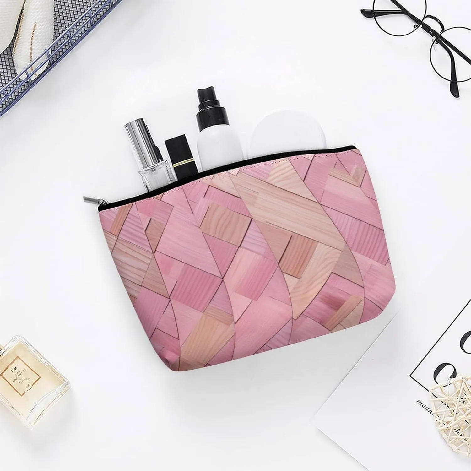 Pink Wood Texture Large Capacity Cosmetic Bags for Women, Symmetrical Pattern Personalised Travel Makeup Bag,Waterproof Scratch Resistant Travel Toiletry Bag