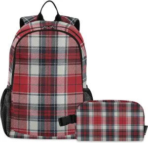 Plaid Red White Black Backpack for School Boys Girls and Teens, Backpack for Men and Women, Lightweight Bookbag with Lunch Box Travel Laptop Daypack 18.5 x 11.8 In