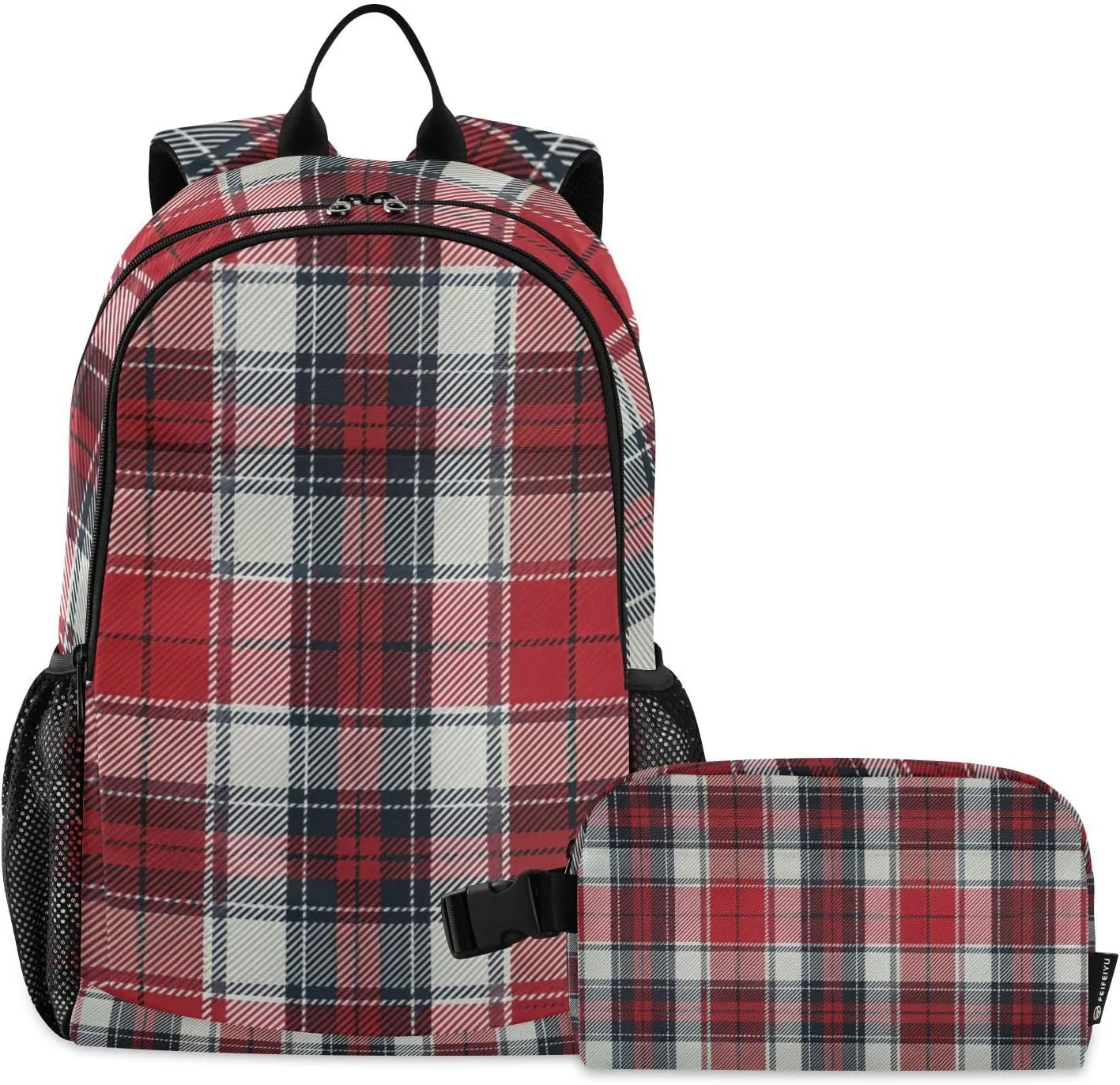 Plaid Red White Black Backpack for School Boys Girls and Teens, Backpack for Men and Women, Lightweight Bookbag with Lunch Box Travel Laptop Daypack 18.5 x 11.8 In