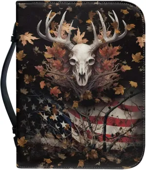 Poceacles Women Bible Carrying Case Multi-Purpose Bible Carrier Bible Protector Lightweight Bible Covers for Woman, American Flag Deer Skull Print, M