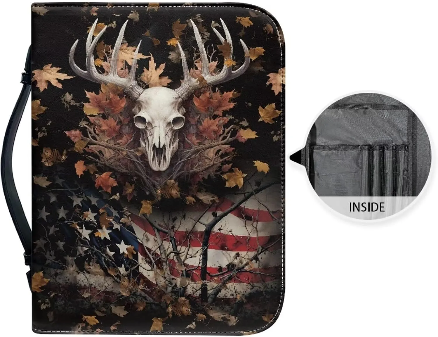 Poceacles Women Bible Carrying Case Multi-Purpose Bible Carrier Bible Protector Lightweight Bible Covers for Woman, American Flag Deer Skull Print, M