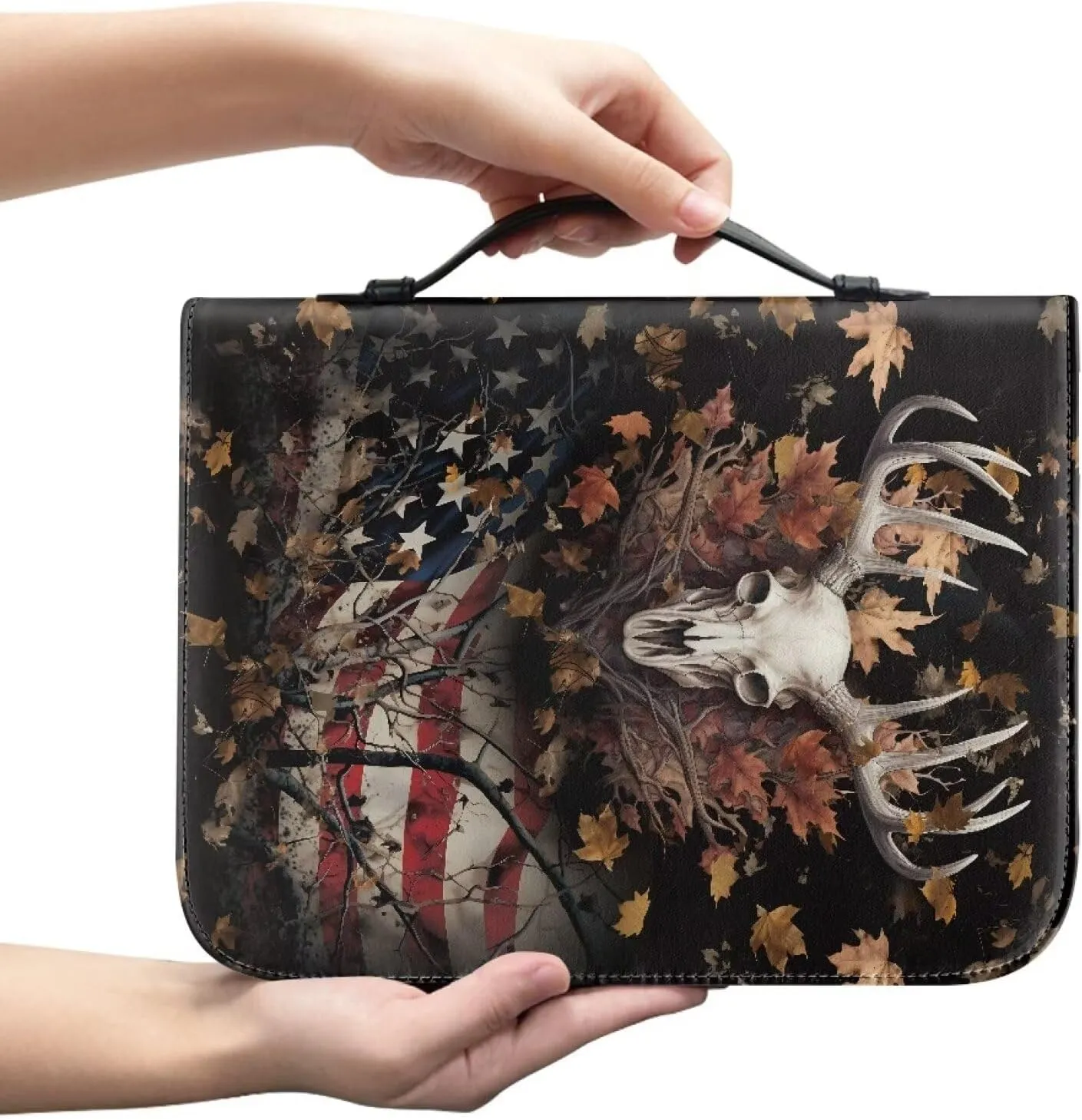 Poceacles Women Bible Carrying Case Multi-Purpose Bible Carrier Bible Protector Lightweight Bible Covers for Woman, American Flag Deer Skull Print, M