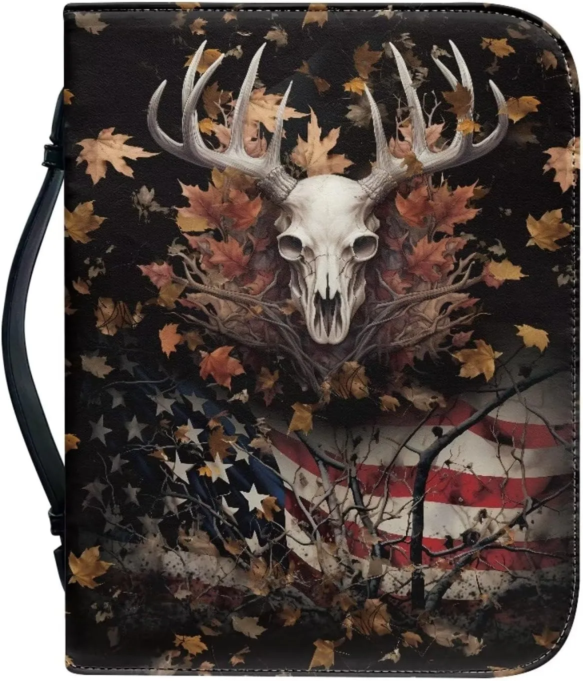 Poceacles Women Bible Carrying Case Multi-Purpose Bible Carrier Bible Protector Lightweight Bible Covers for Woman, American Flag Deer Skull Print, M