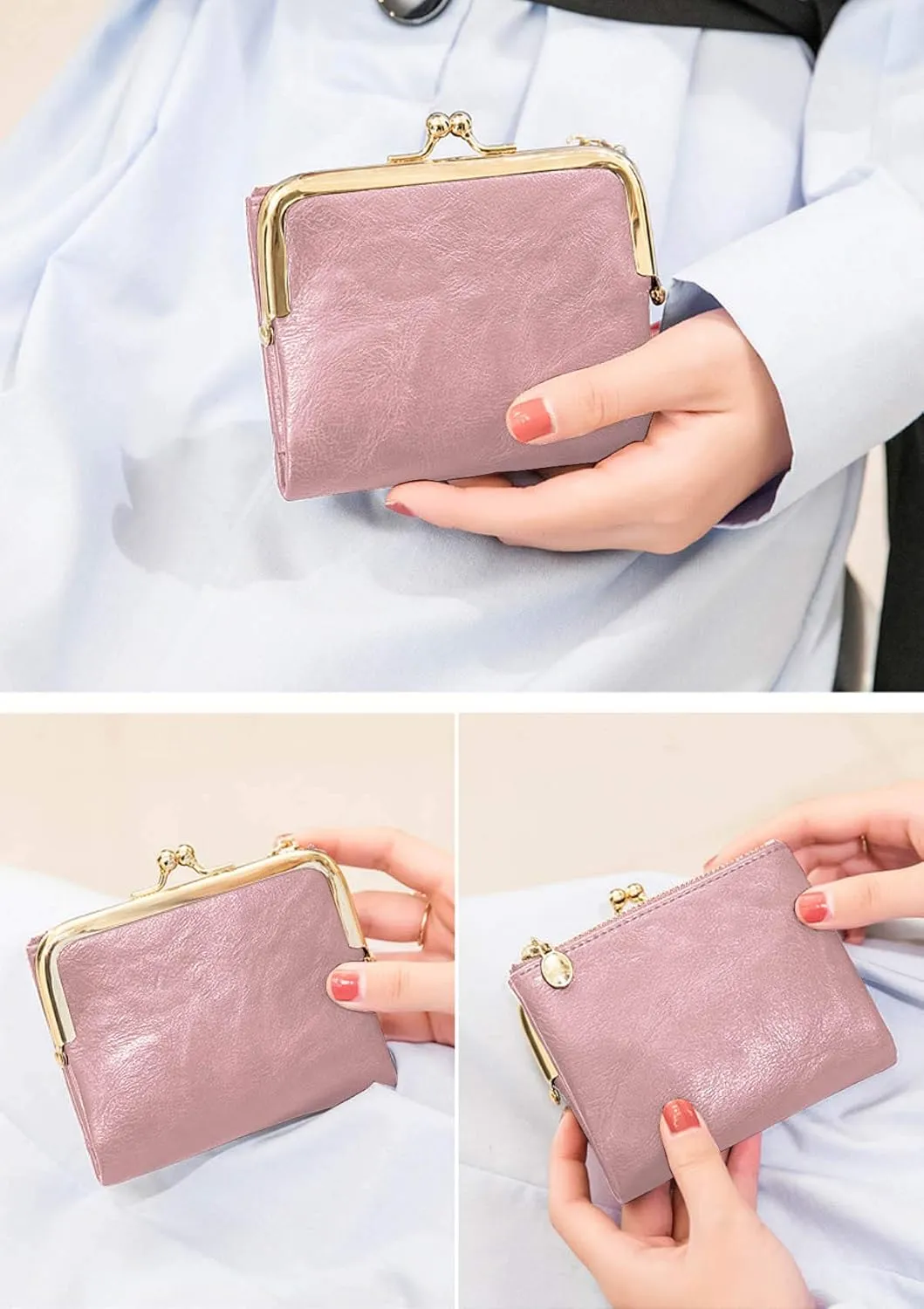 PofeeXIO Womens Wallet RFID Small Compact Bifold Leather Vintage Wallet,Ladies Coin Purse with Zipper and Kiss Lock