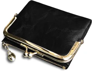 PofeeXIO Womens Wallet RFID Small Compact Bifold Leather Vintage Wallet,Ladies Coin Purse with Zipper and Kiss Lock