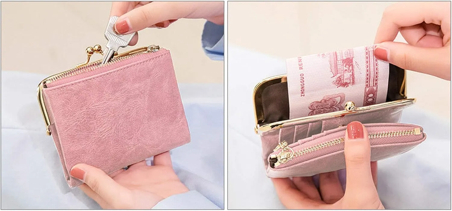 PofeeXIO Womens Wallet RFID Small Compact Bifold Leather Vintage Wallet,Ladies Coin Purse with Zipper and Kiss Lock