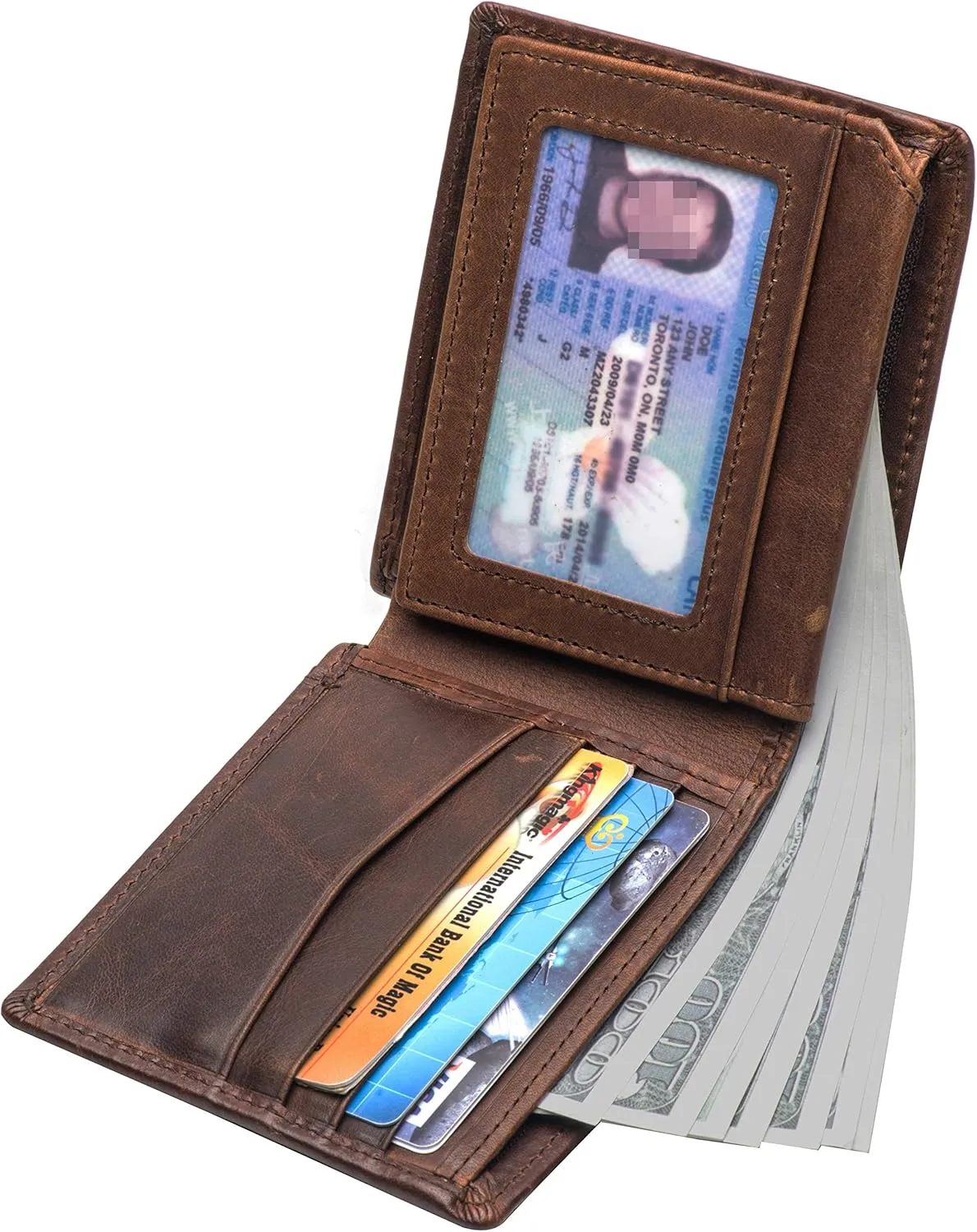 POKOFO RFID Blocking Genuine Leather Bifold Wallet for Men with Zipper and 2 ID Windows