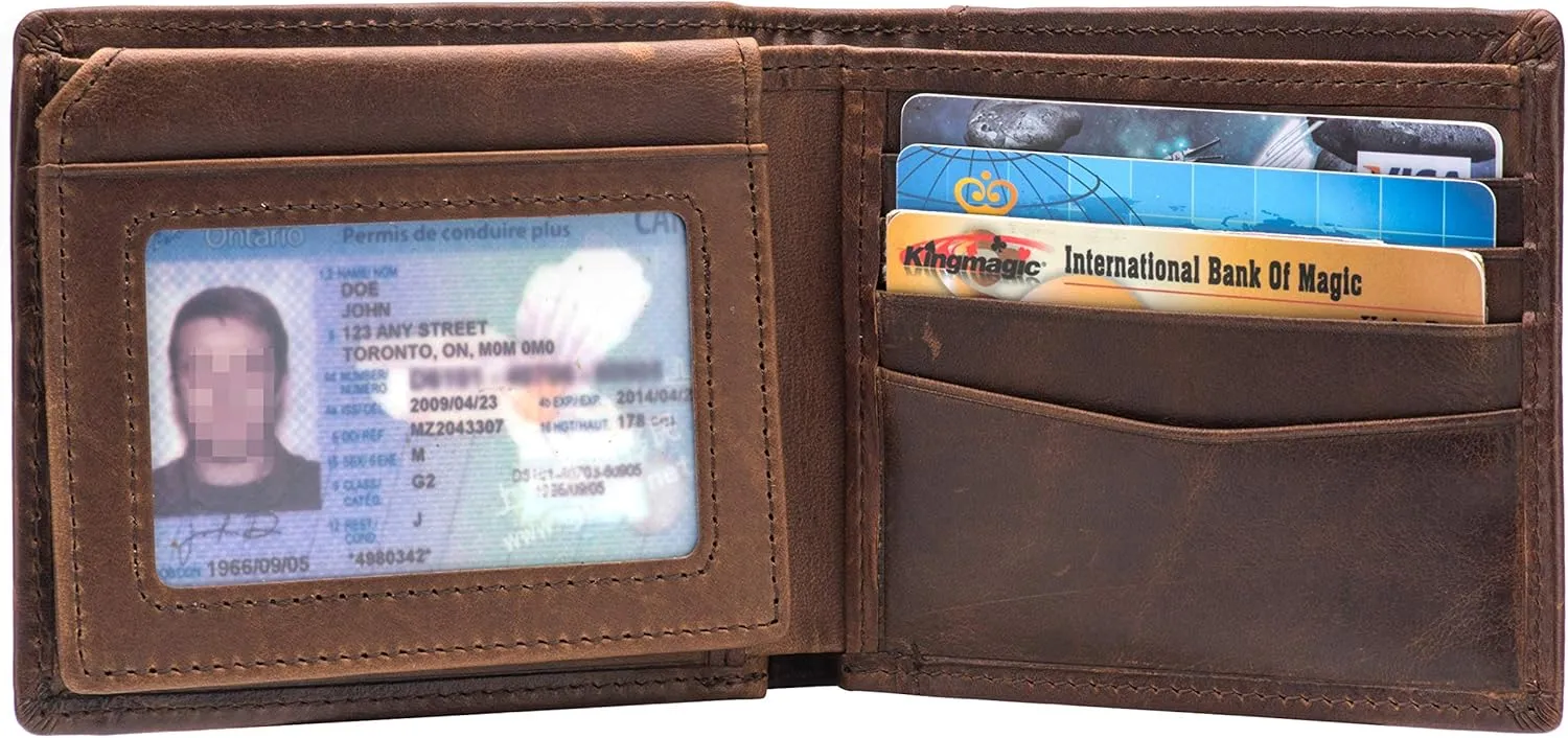 POKOFO RFID Blocking Genuine Leather Bifold Wallet for Men with Zipper and 2 ID Windows