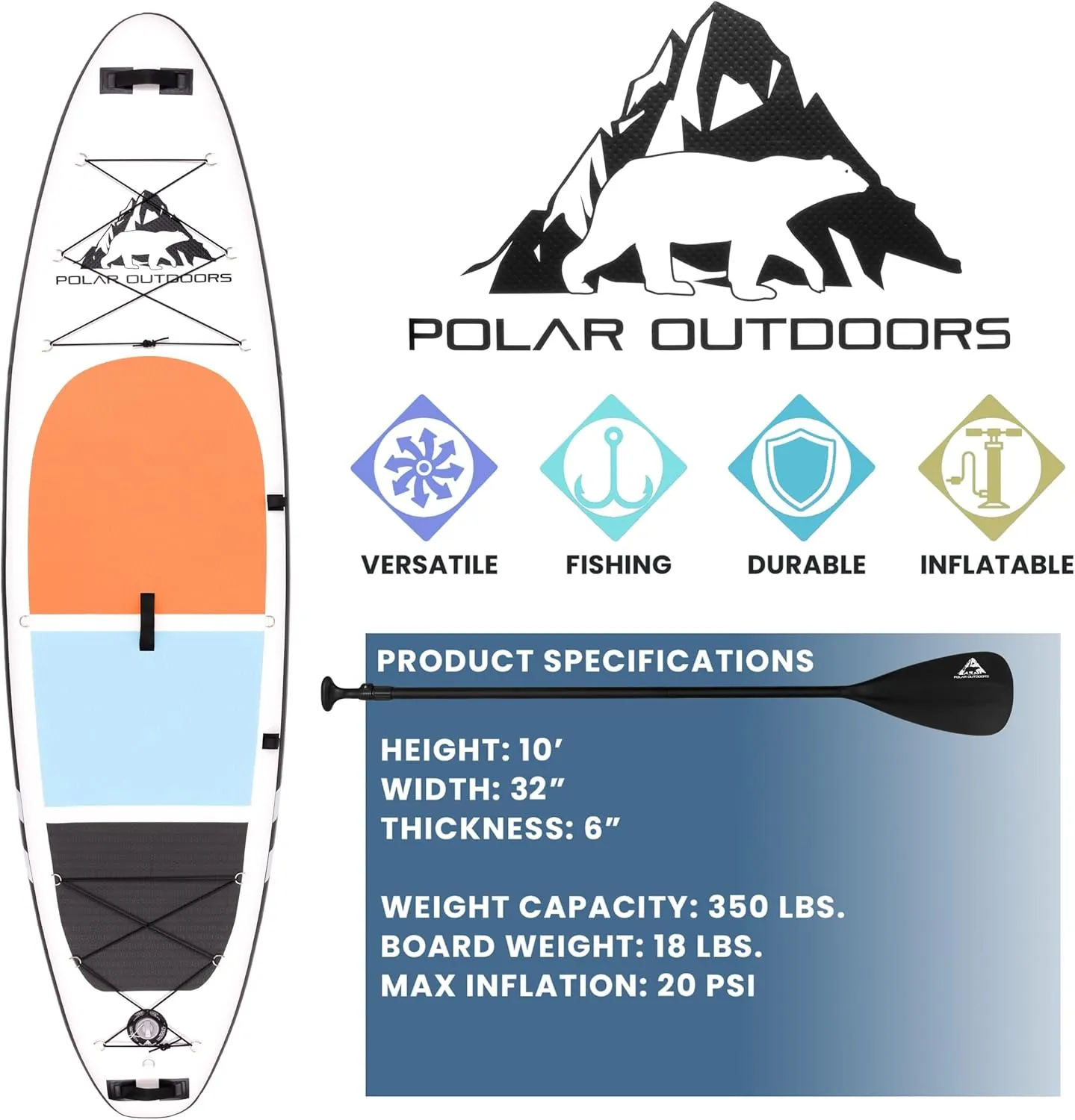 Polar Outdoors by Roc Inflatable Stand Up Paddle Board with Premium SUP Paddle Board Accessories, Wide Stable Design, Non-Slip Comfort Deck for Youth & Adults