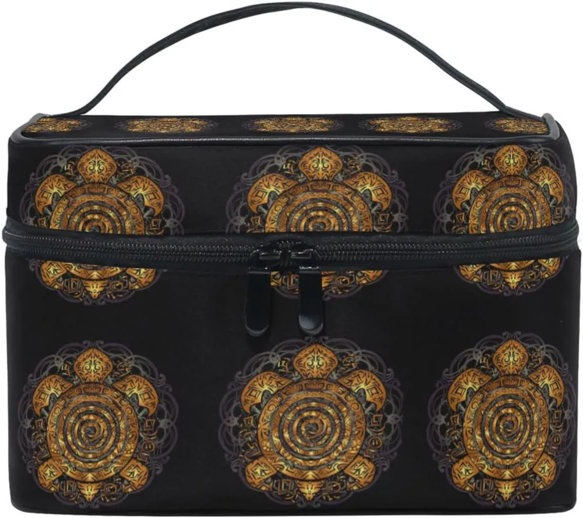 Polynesian Golden Tribal Sea Turtle Tattoo on Black Toned Maori Beauty Cosmetic with Zipper Brush Portable Storage Bag, Fashion printing Toiletry, Durable Travel Organizer Tote Unisex Gifts