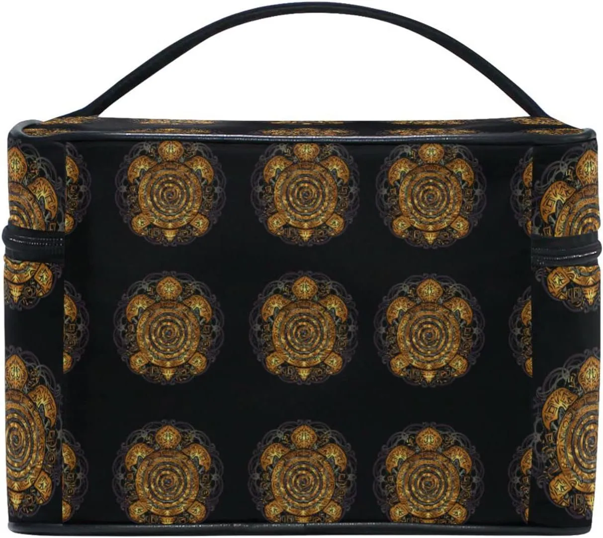 Polynesian Golden Tribal Sea Turtle Tattoo on Black Toned Maori Beauty Cosmetic with Zipper Brush Portable Storage Bag, Fashion printing Toiletry, Durable Travel Organizer Tote Unisex Gifts