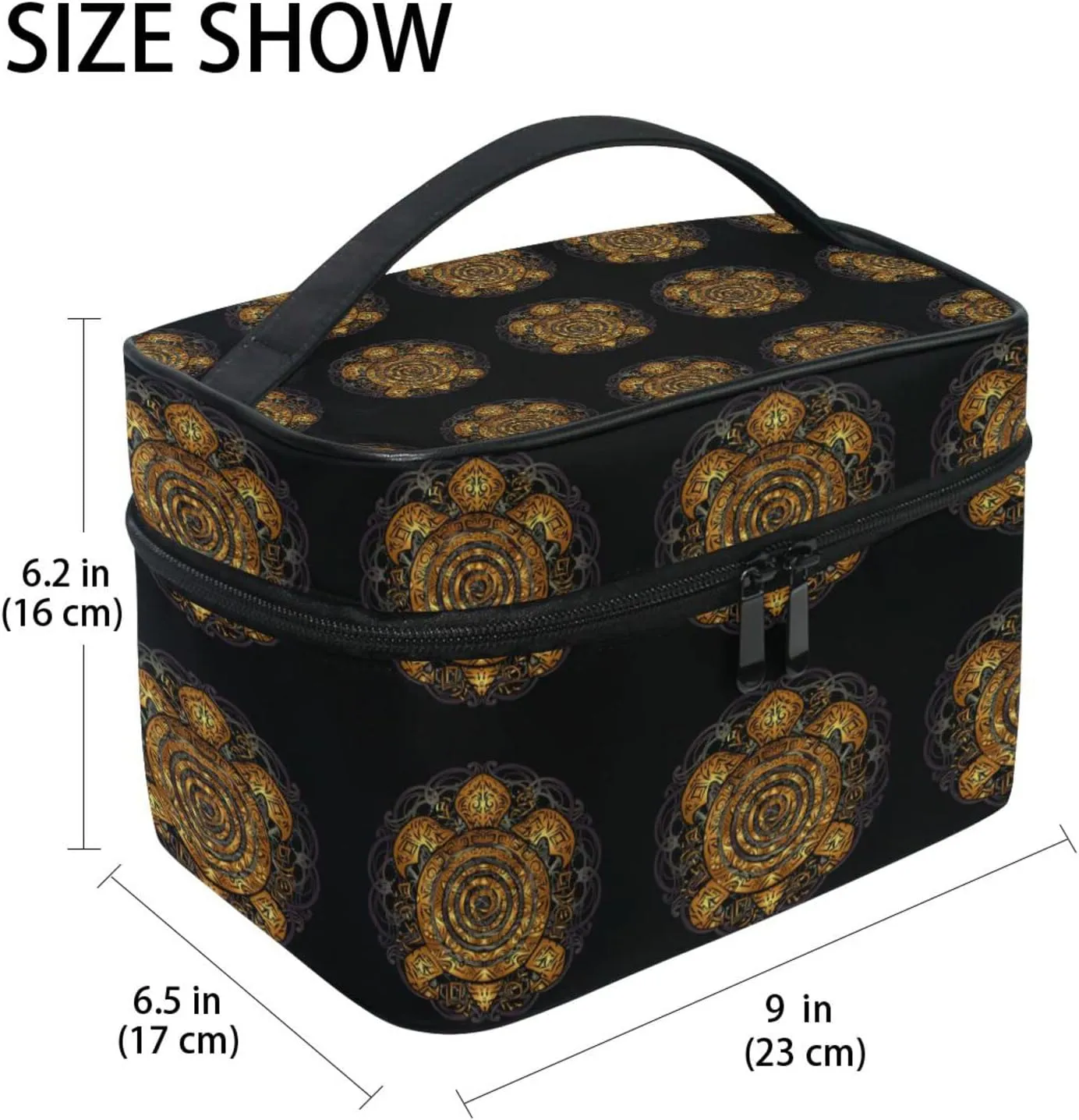 Polynesian Golden Tribal Sea Turtle Tattoo on Black Toned Maori Beauty Cosmetic with Zipper Brush Portable Storage Bag, Fashion printing Toiletry, Durable Travel Organizer Tote Unisex Gifts