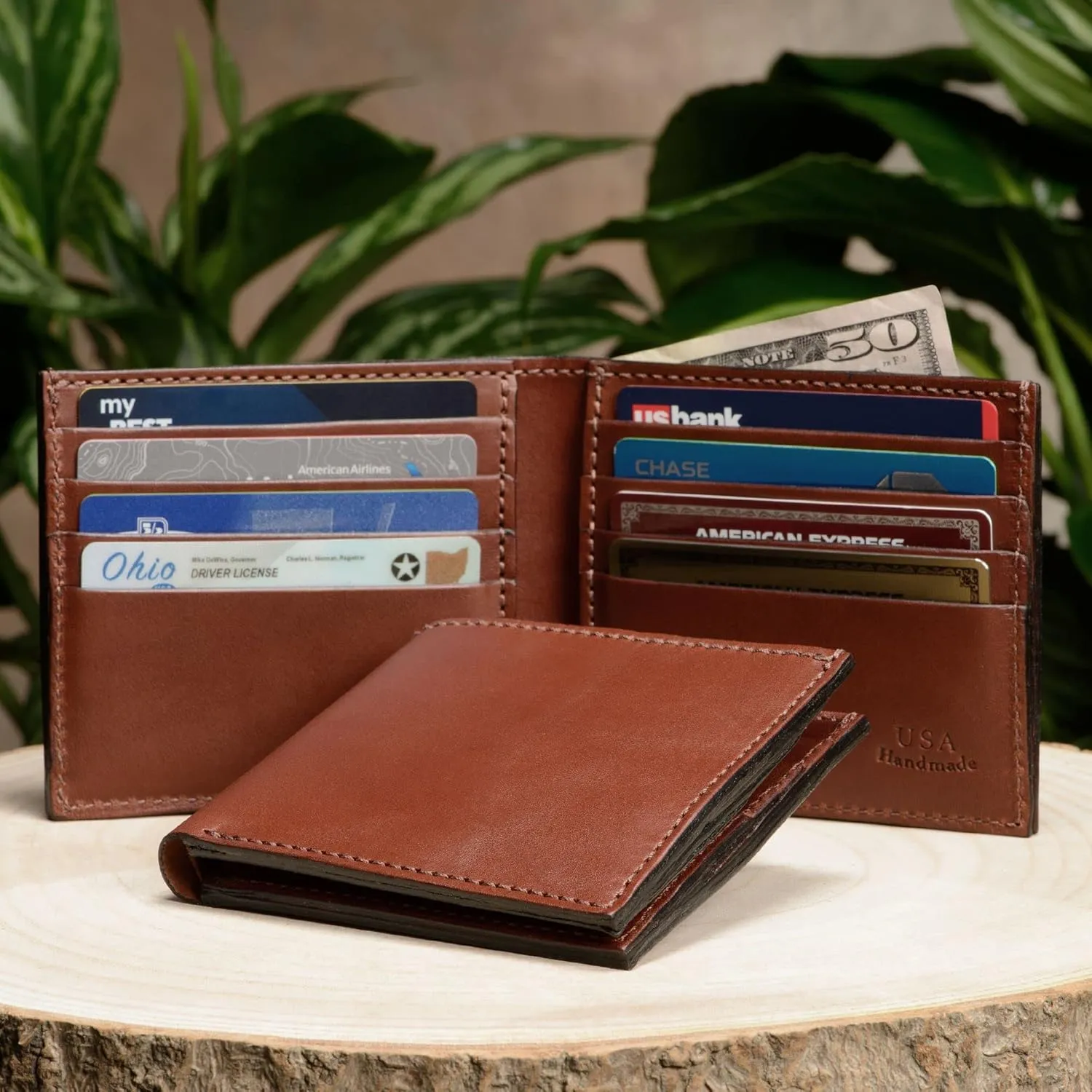 Premium Full Grain Bridle Leather Men’s Bifold Wallet with 8 card slots – Medium Brown - Made in USA