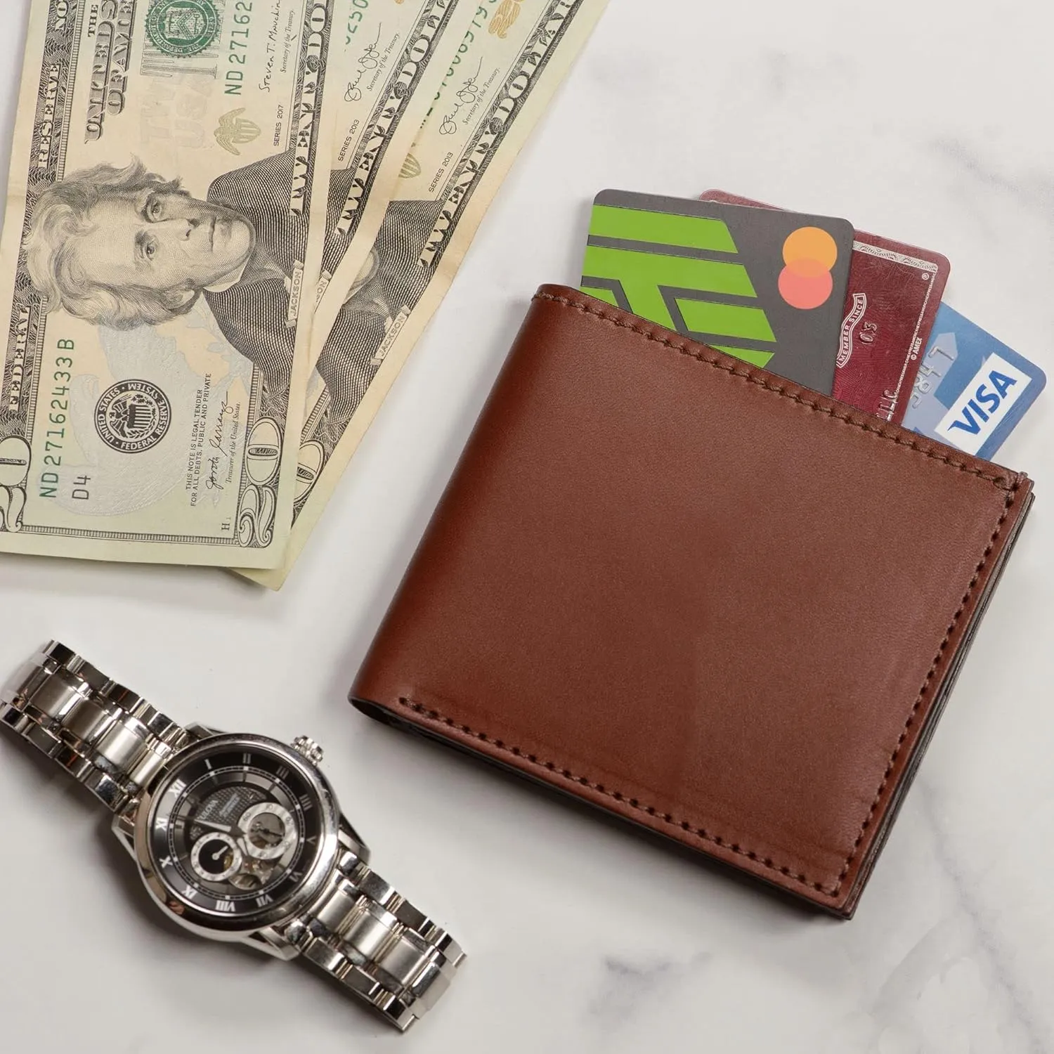 Premium Full Grain Bridle Leather Men’s Bifold Wallet with 8 card slots – Medium Brown - Made in USA