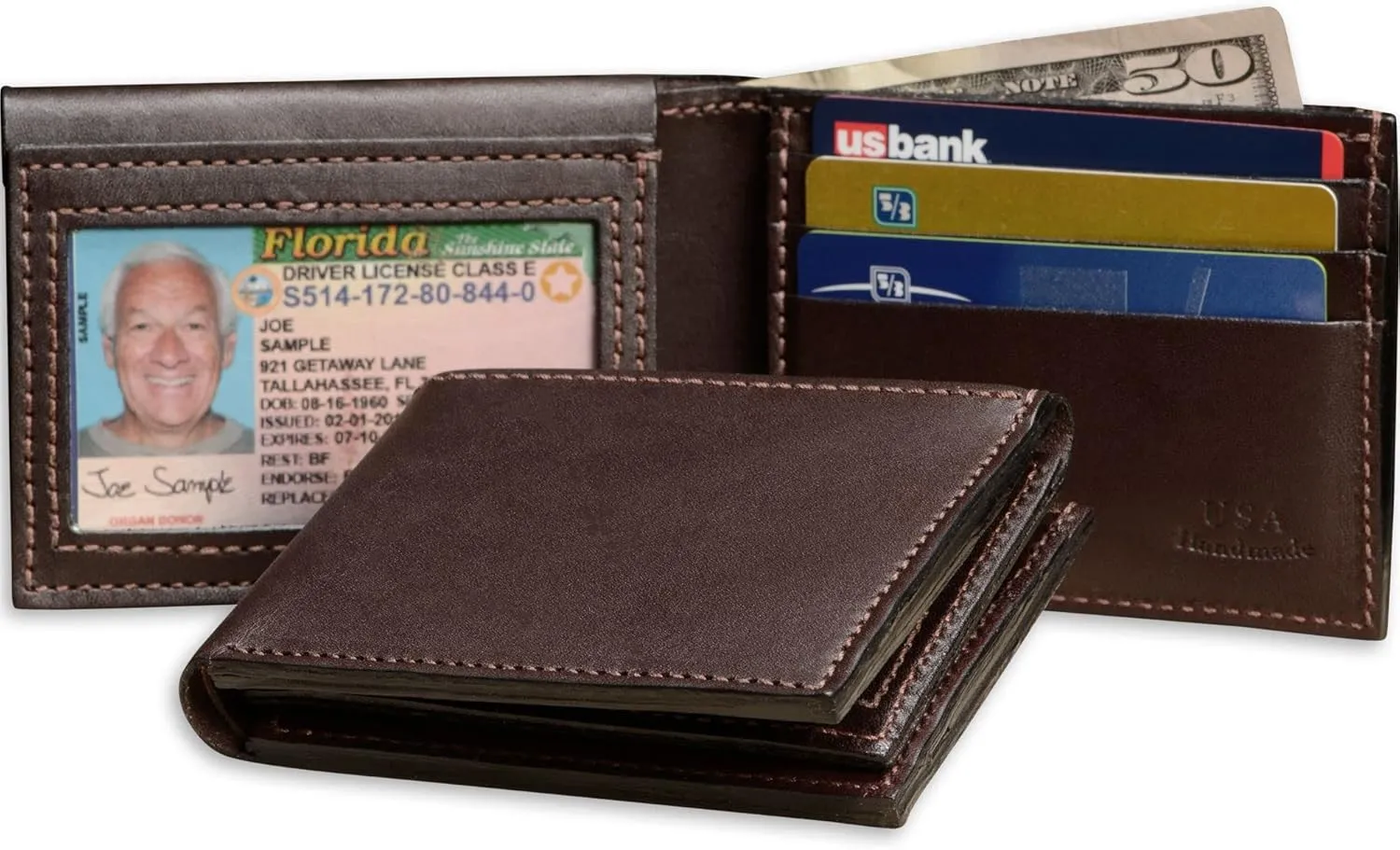 Premium Full Grain Bridle Leather Men’s Bifold Wallet With Flip Up ID Window – Brown - Made in USA