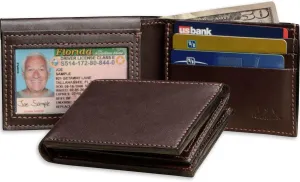 Premium Full Grain Bridle Leather Men’s Bifold Wallet With Flip Up ID Window – Brown - Made in USA