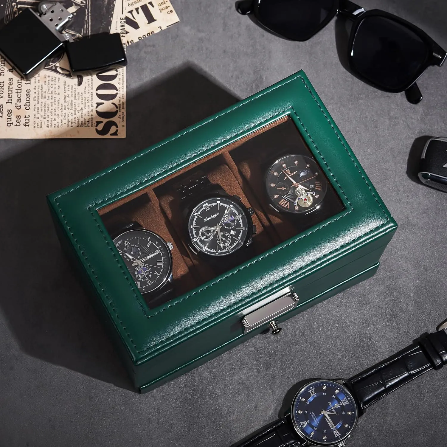 ProCase Watch Box for Men, 3 Slot Watch Display Case with Drawer, Mens Watch Case With Glass Lid, 2-Layer Jewelry and Watch Storage Watch Holder Organizer for Men Women -3 Slot, MidnightGreen