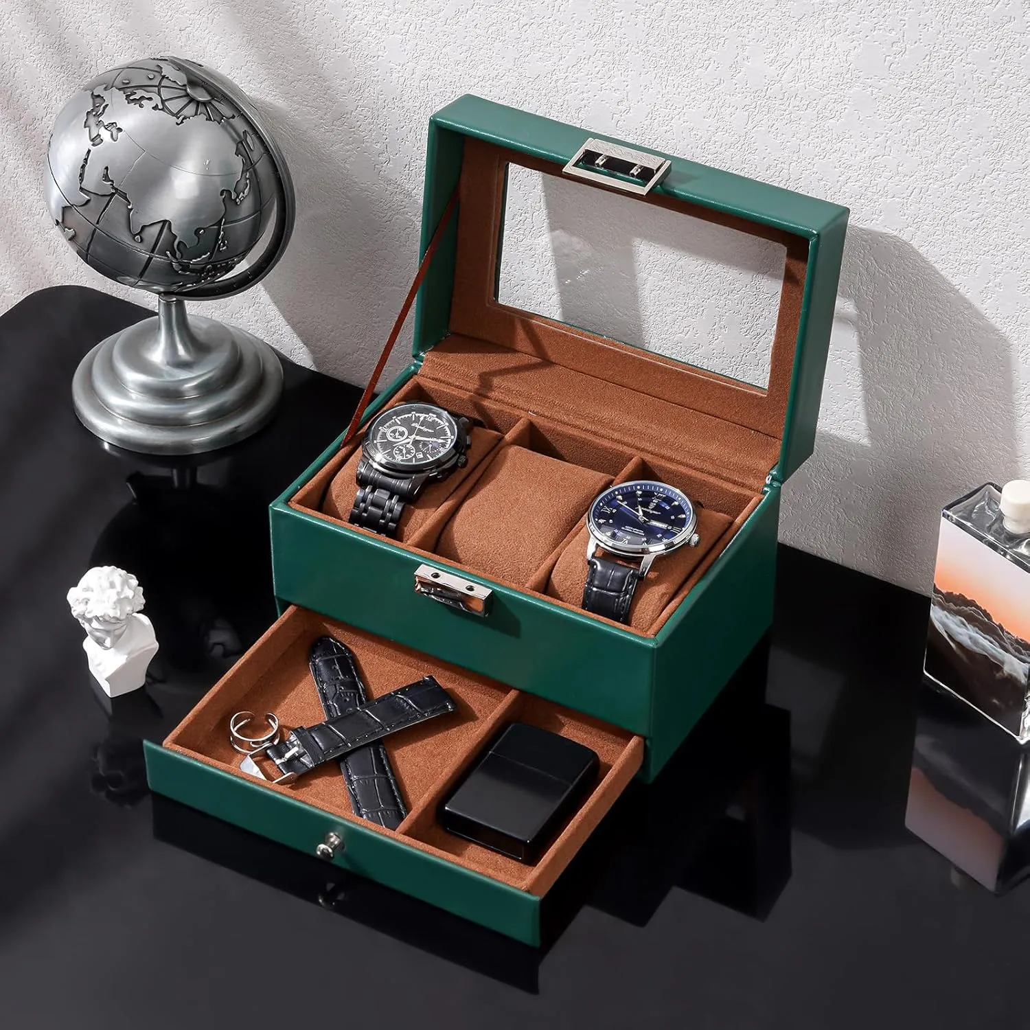ProCase Watch Box for Men, 3 Slot Watch Display Case with Drawer, Mens Watch Case With Glass Lid, 2-Layer Jewelry and Watch Storage Watch Holder Organizer for Men Women -3 Slot, MidnightGreen