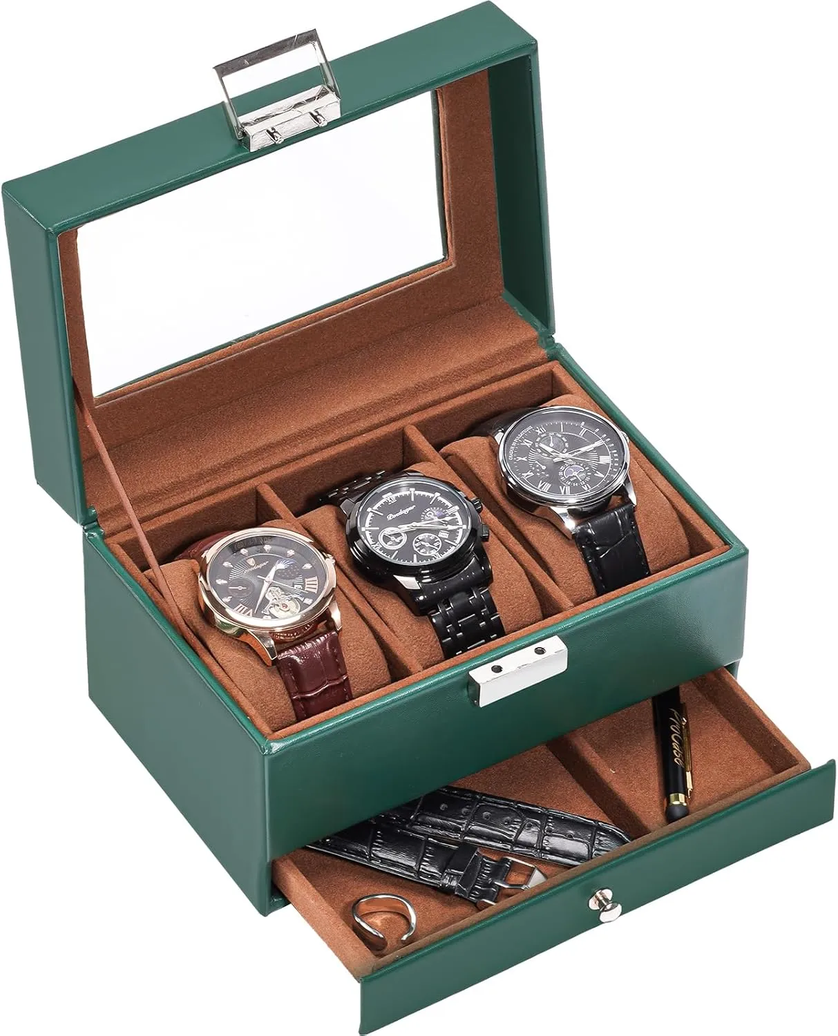 ProCase Watch Box for Men, 3 Slot Watch Display Case with Drawer, Mens Watch Case With Glass Lid, 2-Layer Jewelry and Watch Storage Watch Holder Organizer for Men Women -3 Slot, MidnightGreen