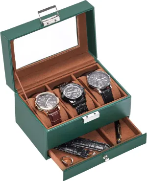 ProCase Watch Box for Men, 3 Slot Watch Display Case with Drawer, Mens Watch Case With Glass Lid, 2-Layer Jewelry and Watch Storage Watch Holder Organizer for Men Women -3 Slot, MidnightGreen