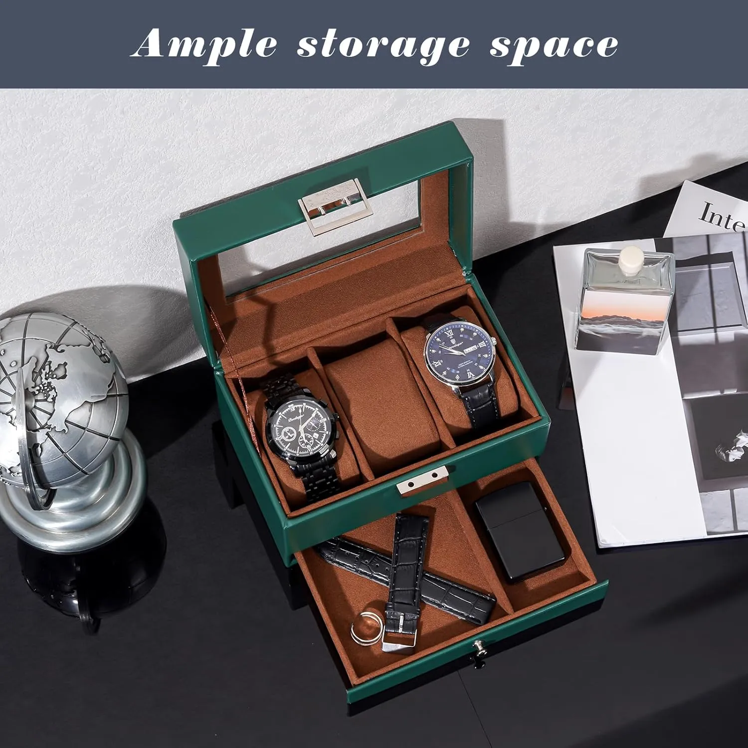 ProCase Watch Box for Men, 3 Slot Watch Display Case with Drawer, Mens Watch Case With Glass Lid, 2-Layer Jewelry and Watch Storage Watch Holder Organizer for Men Women -3 Slot, MidnightGreen
