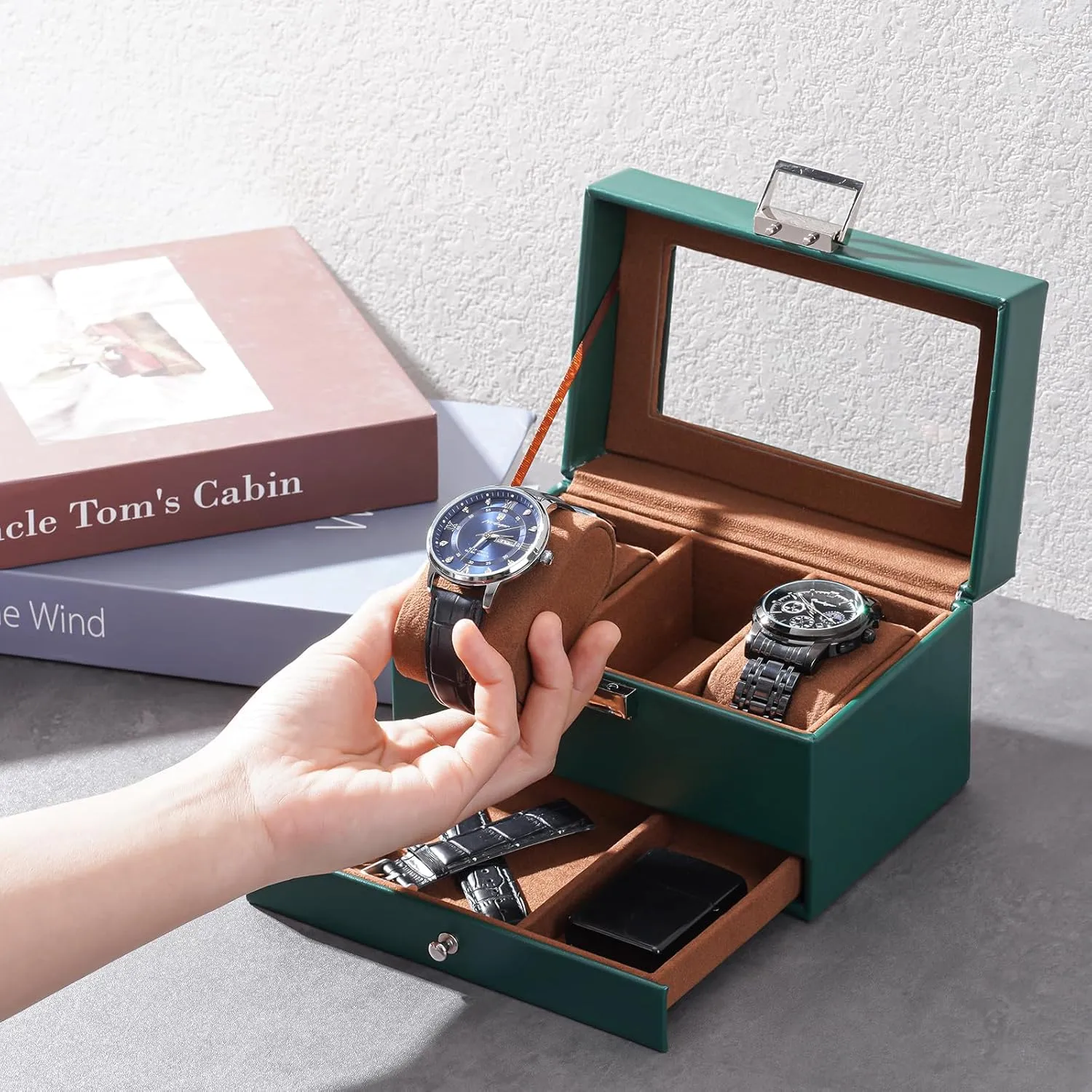 ProCase Watch Box for Men, 3 Slot Watch Display Case with Drawer, Mens Watch Case With Glass Lid, 2-Layer Jewelry and Watch Storage Watch Holder Organizer for Men Women -3 Slot, MidnightGreen