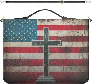 PU Leather Bible Book Covers for Men, XL Bible Case with Strap and Handle, God Bless America Vintage Print Bible Holder with Inner Pockets and Pen Loop, Bible Accessories for Men