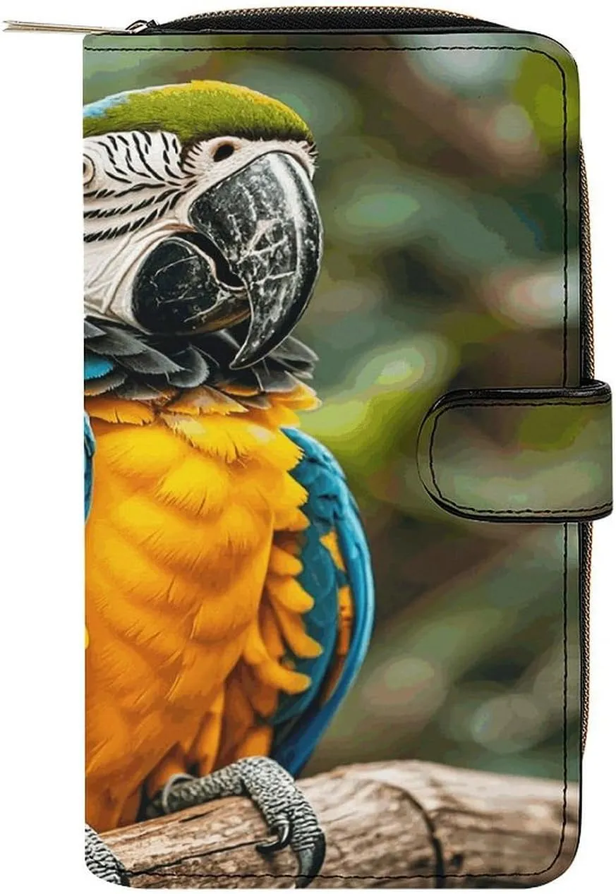 PU Leather Wallet Parrot Print Travel Purse Women's Long Bifold Wallet Ladies Card Holder Purse with Zipper & Snap Closure
