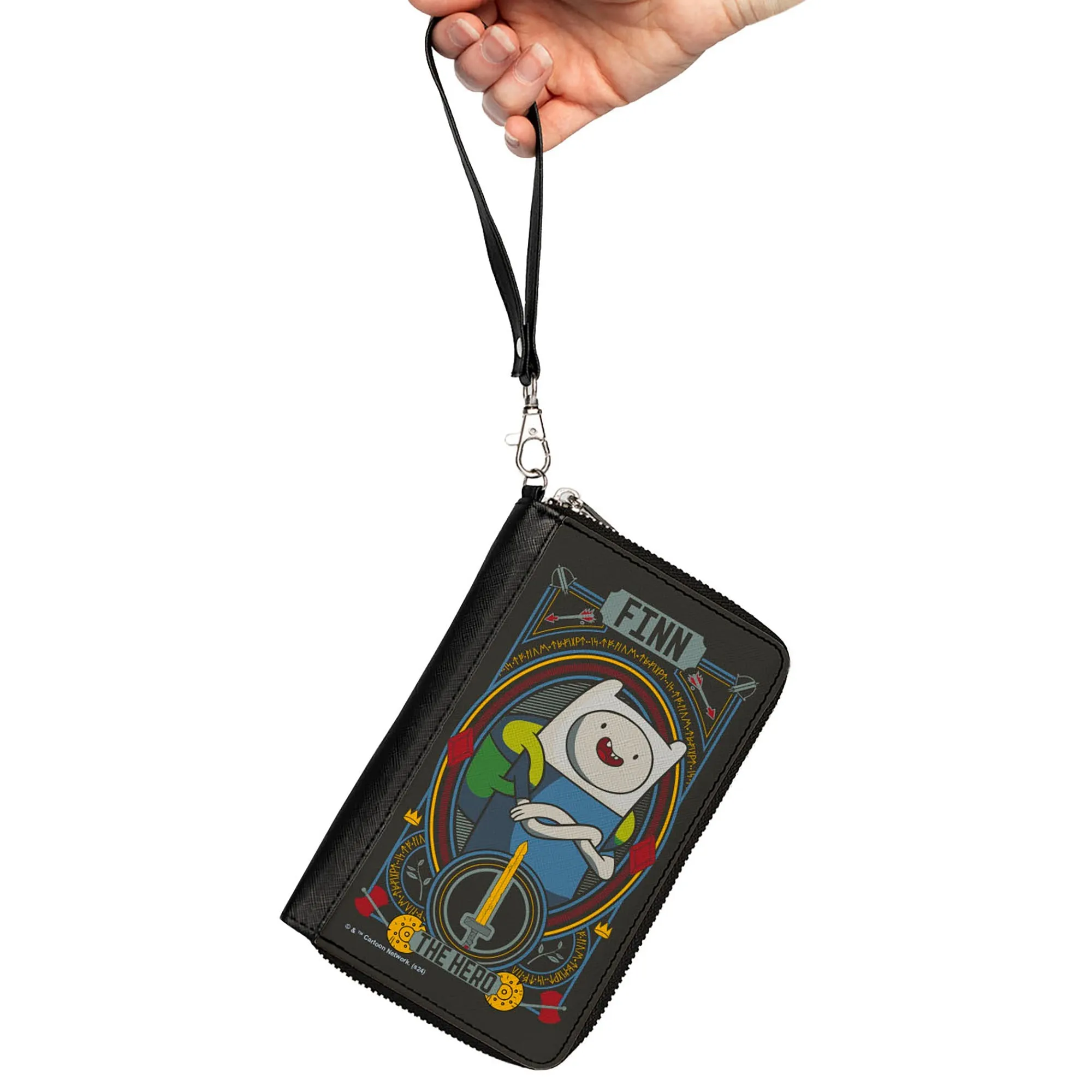 PU Zip Around Wallet Rectangle - Adventure Time FINN THE HERO Pose and Sword Icon Black/Multi Color