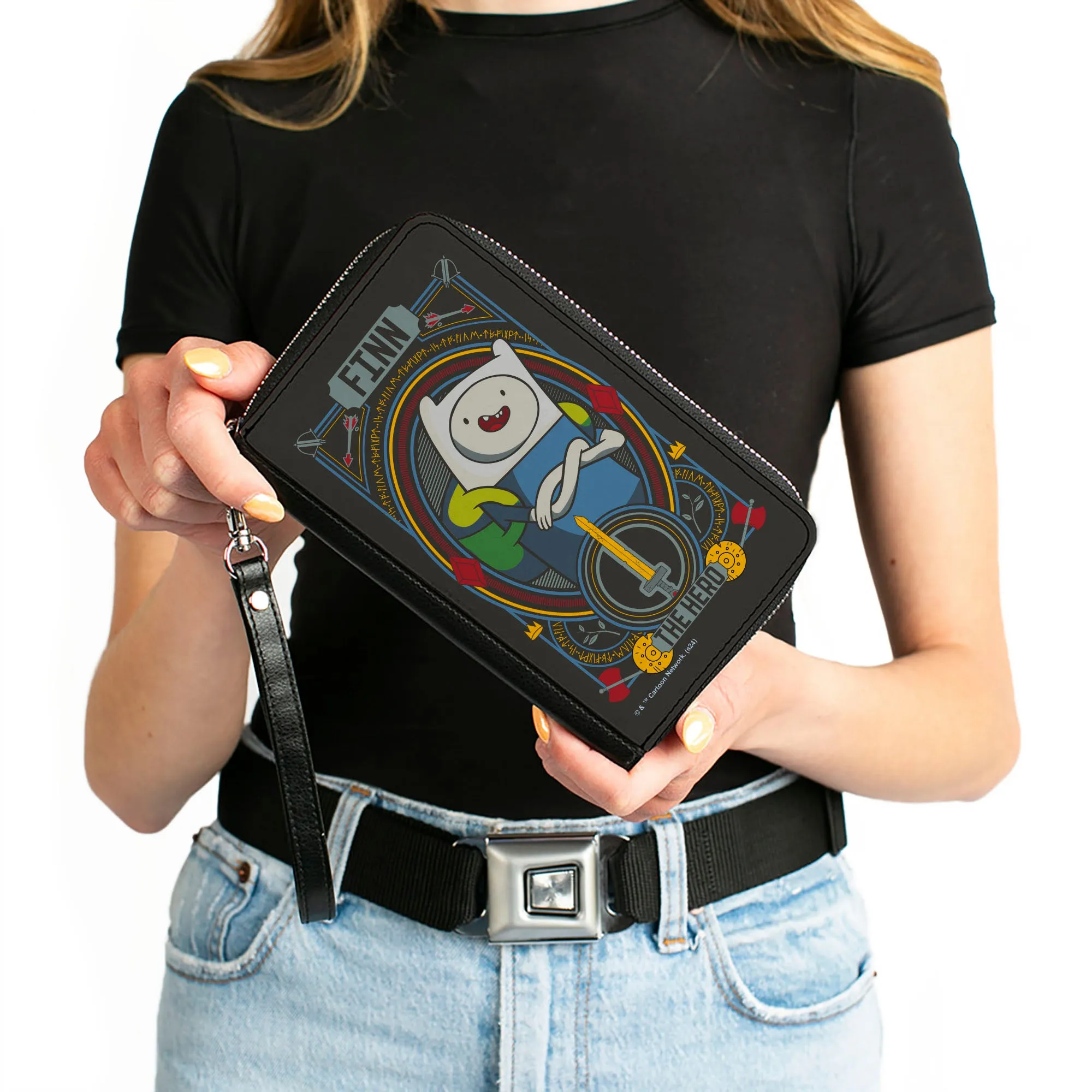PU Zip Around Wallet Rectangle - Adventure Time FINN THE HERO Pose and Sword Icon Black/Multi Color